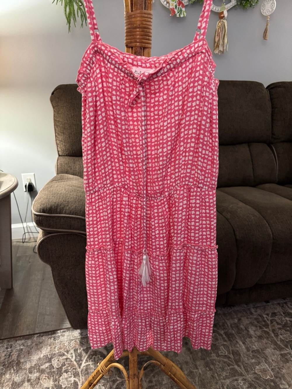 Pink Printed Spaghetti-Style Midi Dress with Tassel Tie